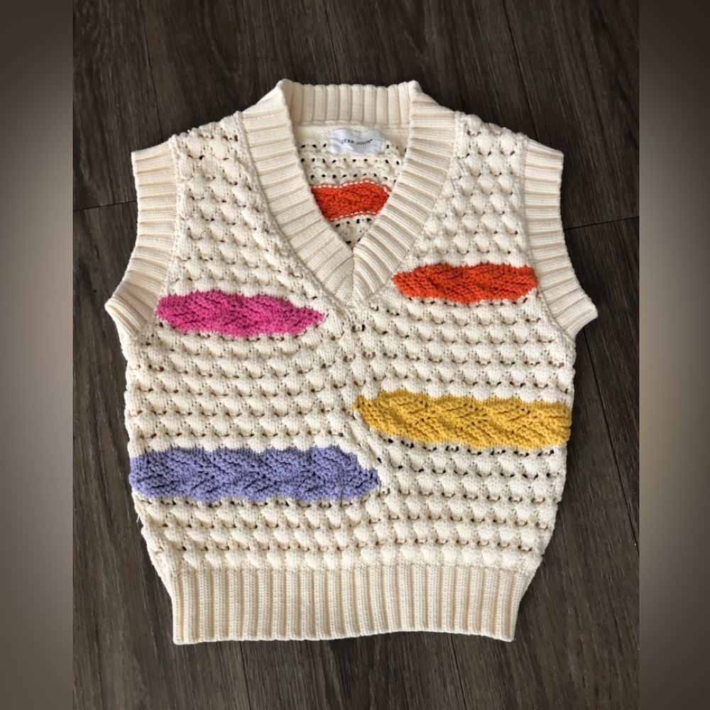 Dear John Cream V-Neck Knit Sweater Vest with Colorful Accents Women’s Size XS